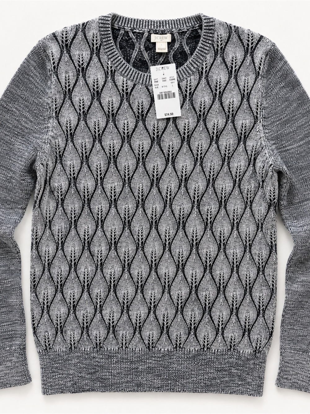 J.Crew Large Jacquard Marled Gray Crewneck Sweater 100% Cotton Textured NWT